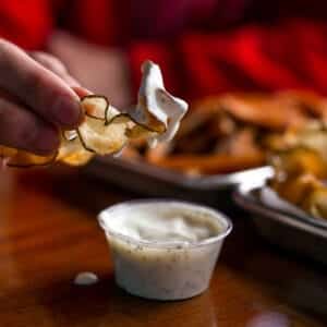 a person holding a chip with dip